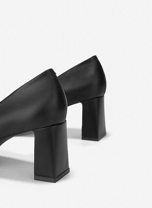 Pointed Toe Block Heel Pumps - HIG 0663 - Black - VASCARA