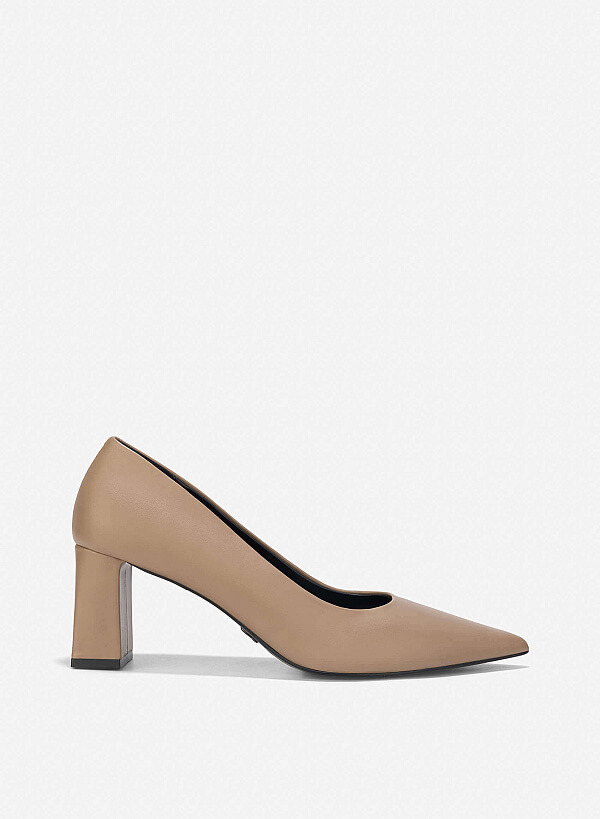 Pointed Toe Block Heel Pumps - HIG 0663 - Dark Beige