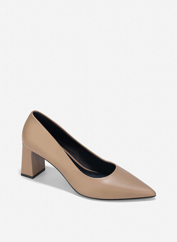 Pointed Toe Block Heel Pumps - HIG 0663 - Dark Beige - VASCARA