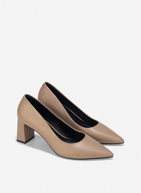 Pointed Toe Block Heel Pumps - HIG 0663 - Dark Beige - VASCARA