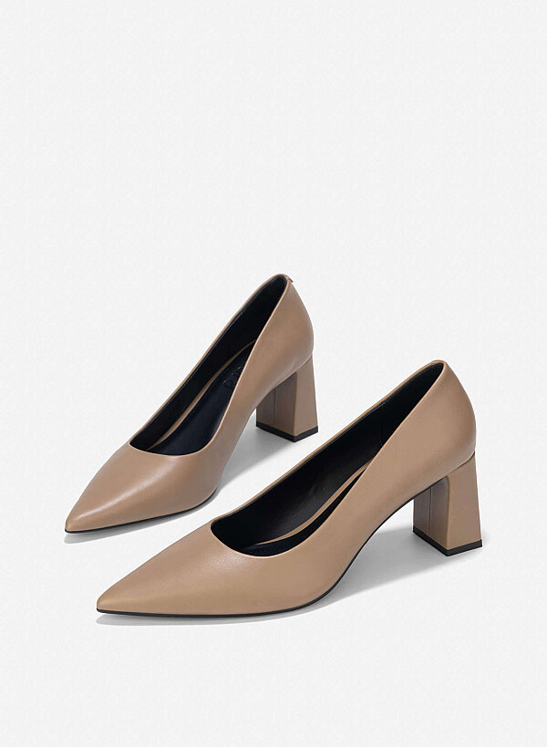 Pointed Toe Block Heel Pumps - HIG 0663 - Dark Beige - VASCARA