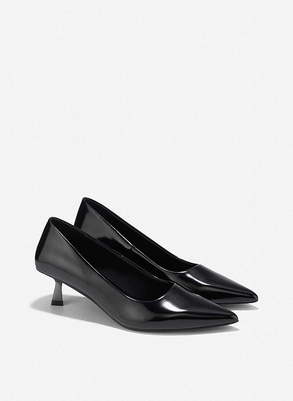 Pointed Toe Kitten Heel Pumps - HIG 0666 - Black - VASCARA