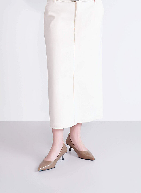 Pointed Toe Kitten Heel Pumps - HIG 0666 - Dark Beige - VASCARA