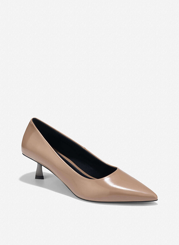 Pointed Toe Kitten Heel Pumps - HIG 0666 - Dark Beige - VASCARA