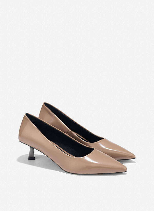 Pointed Toe Kitten Heel Pumps - HIG 0666 - Dark Beige - VASCARA