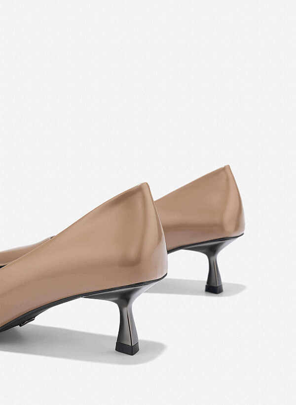 Pointed Toe Kitten Heel Pumps - HIG 0666 - Dark Beige - VASCARA