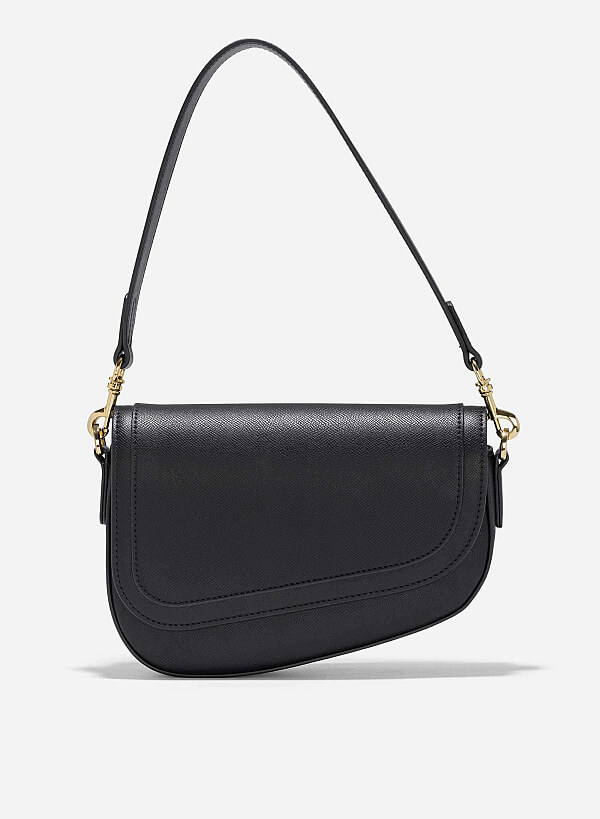 Saffiano Pattern Fold-Over Saddle Bag - SAC 0328 - Black