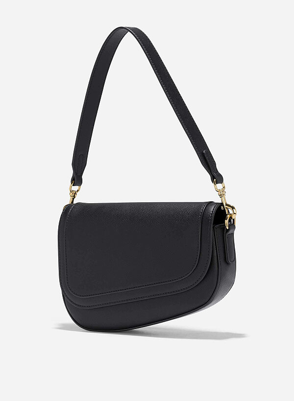 Saffiano Pattern Fold-Over Saddle Bag - SAC 0328 - Black - VASCARA