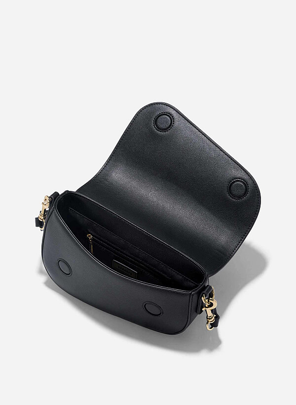 Saffiano Pattern Fold-Over Saddle Bag - SAC 0328 - Black - VASCARA