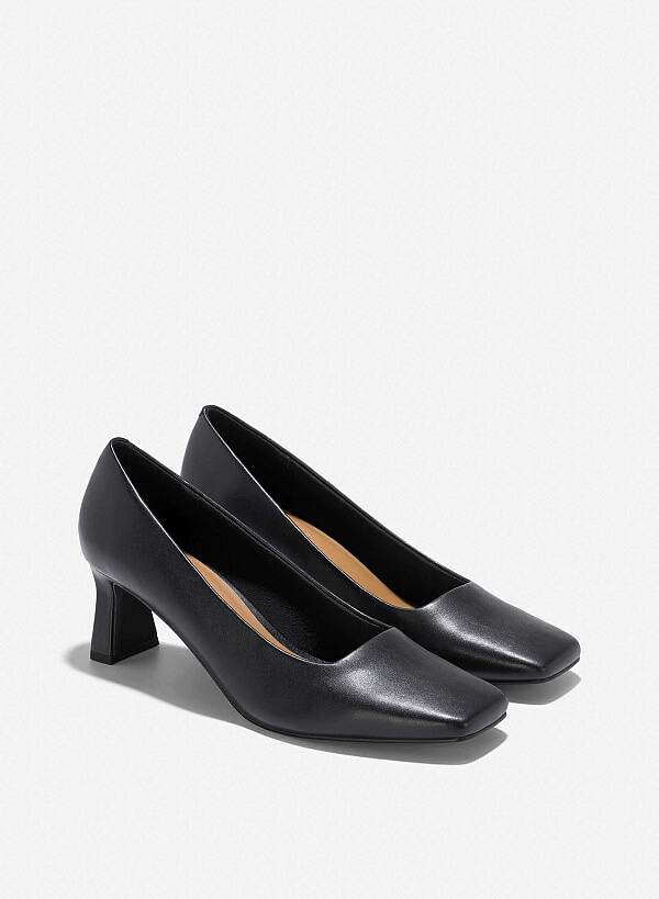 Square-Toe Block Heel Pumps - HIG 0641 - Black - VASCARA