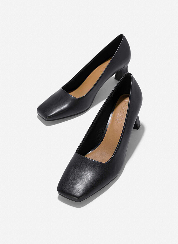 Square-Toe Block Heel Pumps - HIG 0641 - Black - VASCARA