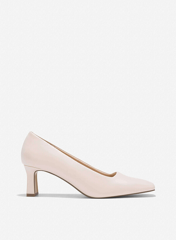 Square-Toe Block Heel Pumps - HIG 0641 - Cream
