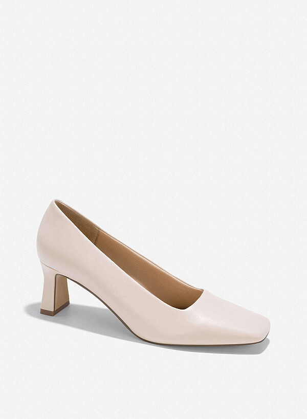 Square-Toe Block Heel Pumps - HIG 0641 - Cream - VASCARA
