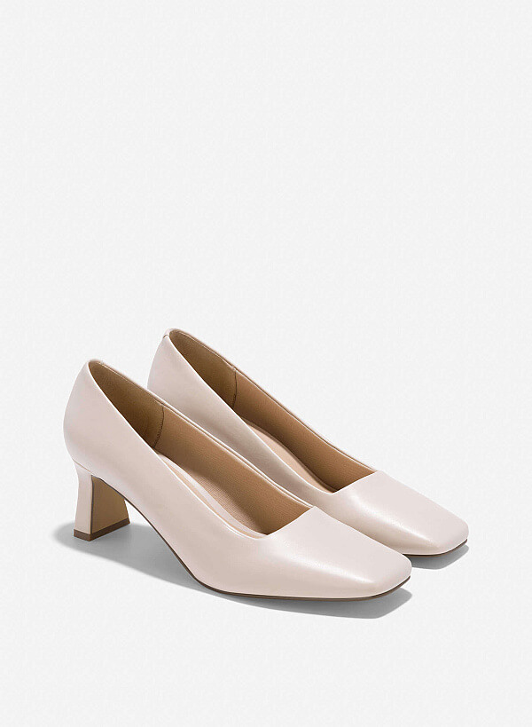 Square-Toe Block Heel Pumps - HIG 0641 - Cream - VASCARA