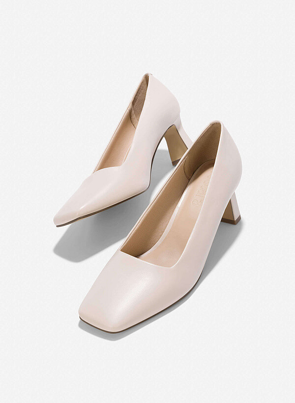 Square-Toe Block Heel Pumps - HIG 0641 - Cream - VASCARA