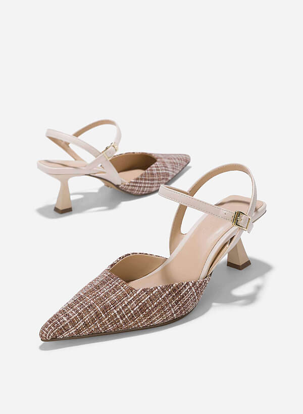 Tweed Fabric Kitten Heel Pumps - HIG 0639 - Cream - VASCARA