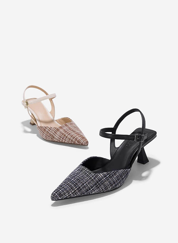 Giày bít mũi nhọn kitten heel phối vải tweed - BMN 0639 - Màu đen - VASCARA