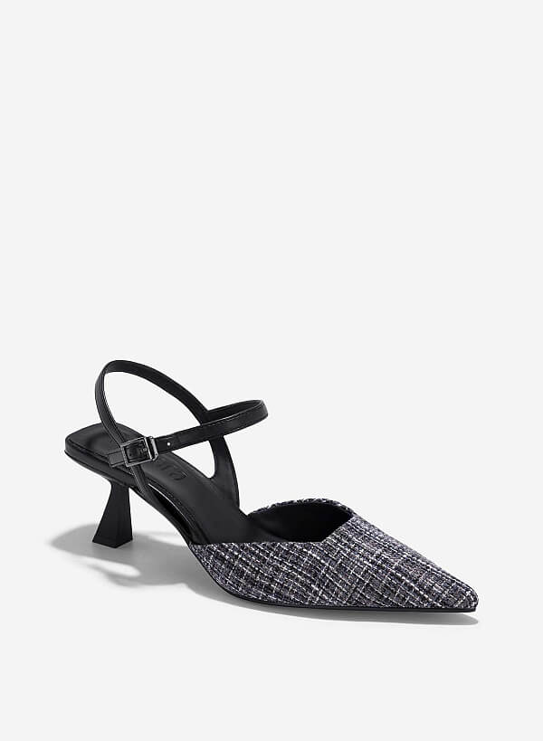 Giày bít mũi nhọn kitten heel phối vải tweed - BMN 0639 - Màu đen - VASCARA