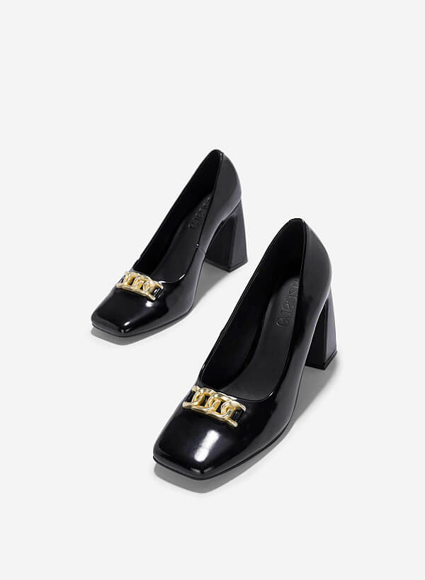 Giày bít mũi vuông block heels nhấn khóa trang trí - BMN 0654 - Màu đen - VASCARA