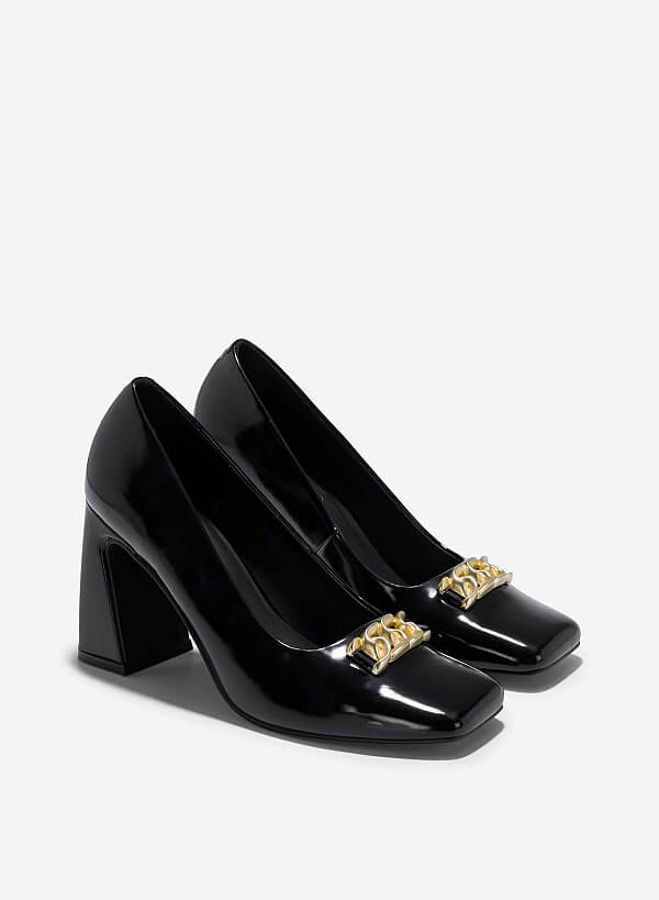 Giày bít mũi vuông block heels nhấn khóa trang trí - BMN 0654 - Màu đen - VASCARA