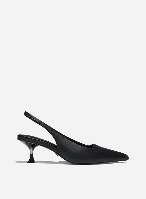 Aluminium-Effect Heel Pointed Toe Slingbacks - HIG 0659 - Black