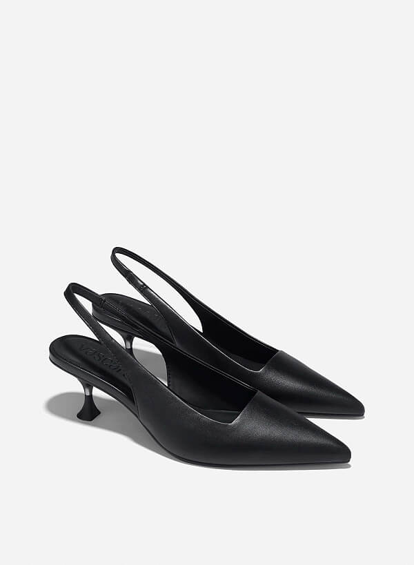 Aluminium-Effect Heel Pointed Toe Slingbacks - HIG 0659 - Black - VASCARA