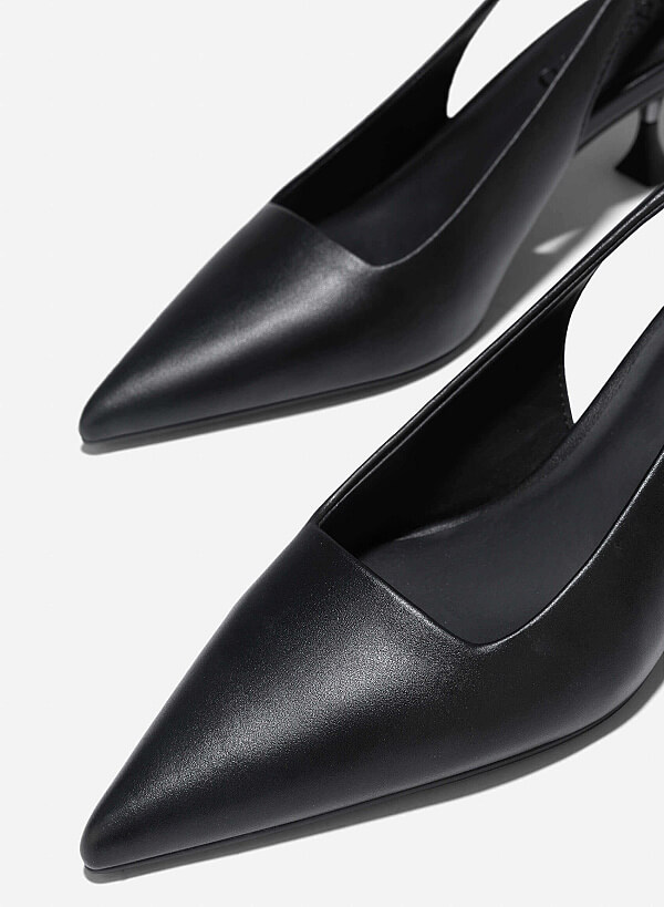 Aluminium-Effect Heel Pointed Toe Slingbacks - HIG 0659 - Black - VASCARA