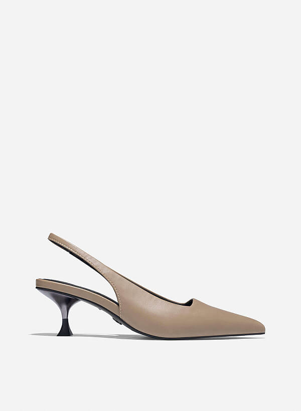 Aluminium-Effect Heel Pointed Toe Slingbacks - HIG 0659 - Dark Beige