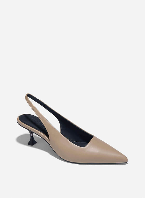 Aluminium-Effect Heel Pointed Toe Slingbacks - HIG 0659 - Dark Beige - VASCARA