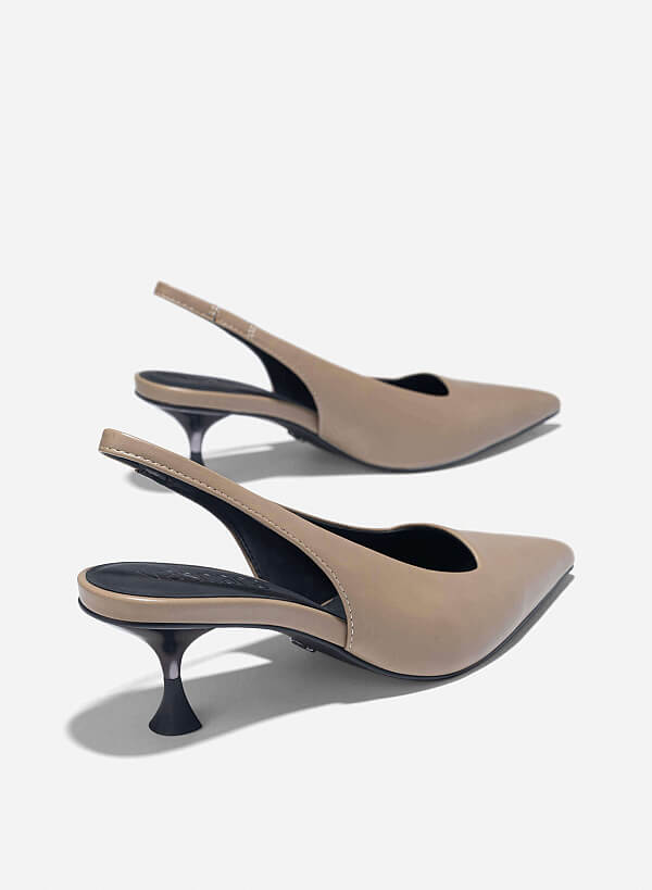 Aluminium-Effect Heel Pointed Toe Slingbacks - HIG 0659 - Dark Beige - VASCARA