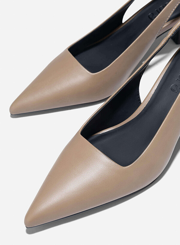 Aluminium-Effect Heel Pointed Toe Slingbacks - HIG 0659 - Dark Beige - VASCARA
