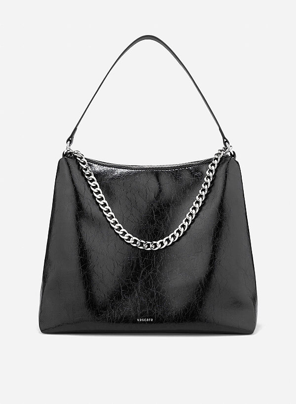 Chain Décor Soft Shoulder Bag - TTE 0174 - Black