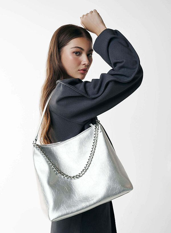 Chain Décor Soft Shoulder Bag - TTE 0174 - Silver - VASCARA