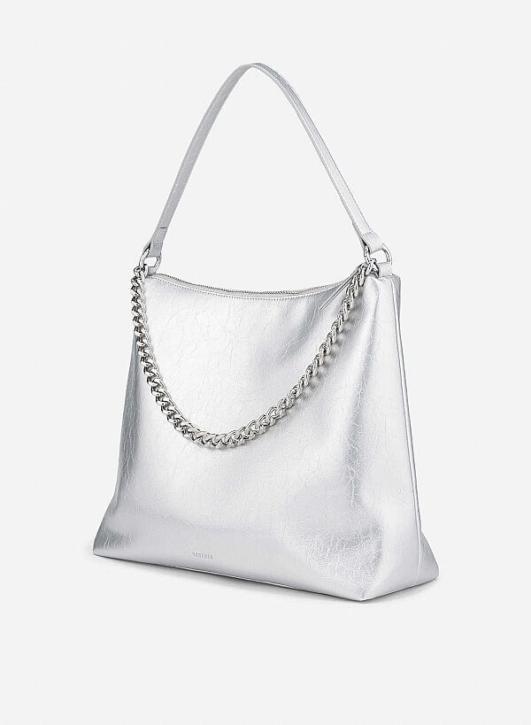 Chain Décor Soft Shoulder Bag - TTE 0174 - Silver - VASCARA