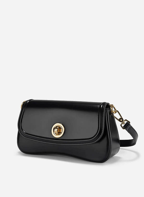 Classic Lock Bombe Trim Shoulder Bag - MES 0245 - Black - VASCARA