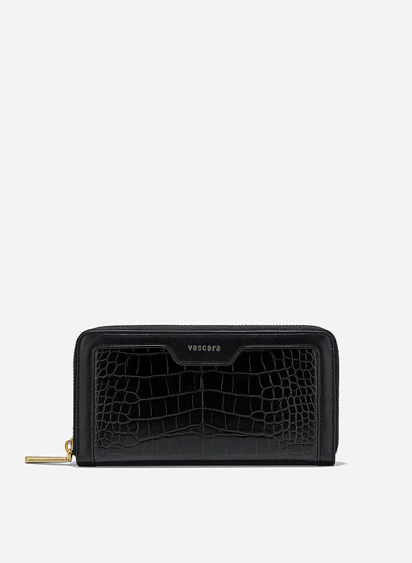 Crocodile Pattern Zip-Around Handheld Wallet - WLL 0302 - Black