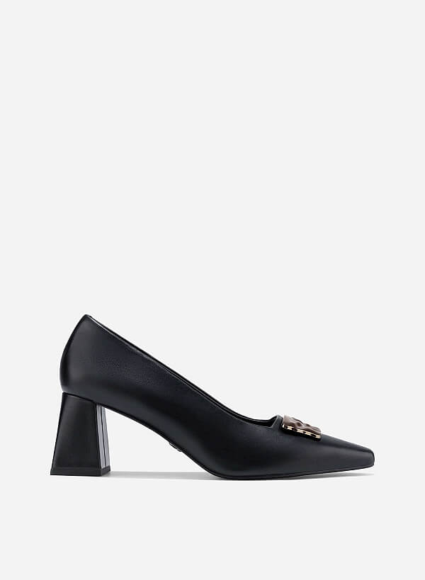 Décor Buckle Block Heel Pumps - HIG 0675 - Black