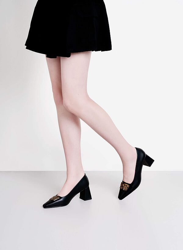 Décor Buckle Block Heel Pumps - HIG 0675 - Black - VASCARA
