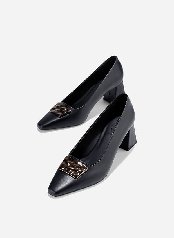 Décor Buckle Block Heel Pumps - HIG 0675 - Black - VASCARA