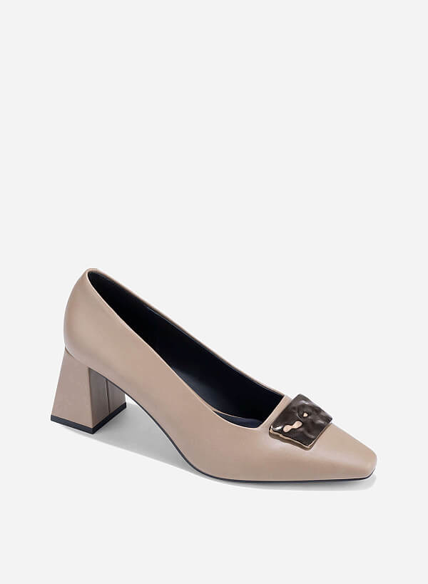 Décor Buckle Block Heel Pumps - HIG 0675 - Dark Beige - VASCARA