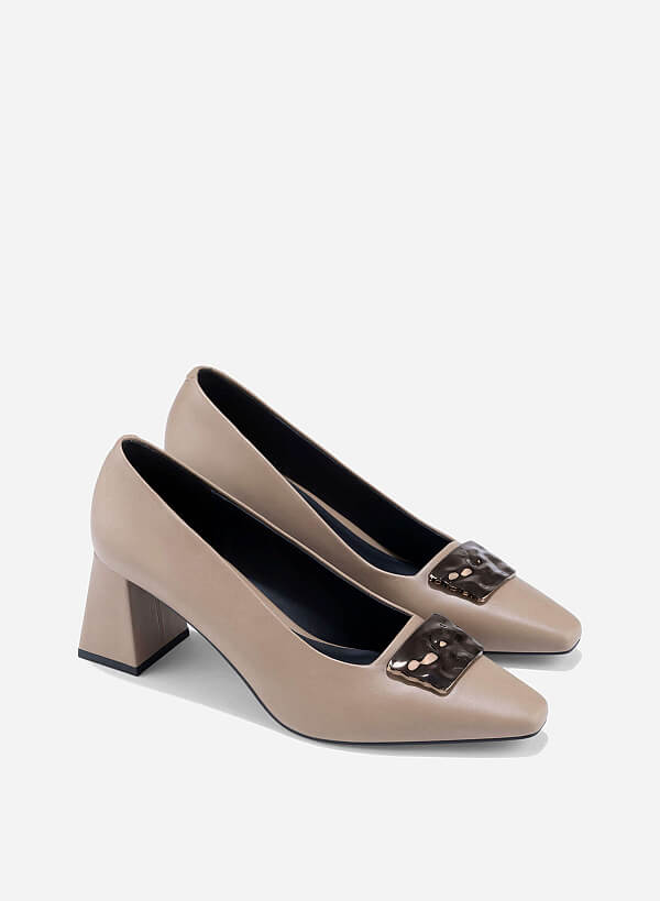 Décor Buckle Block Heel Pumps - HIG 0675 - Dark Beige - VASCARA