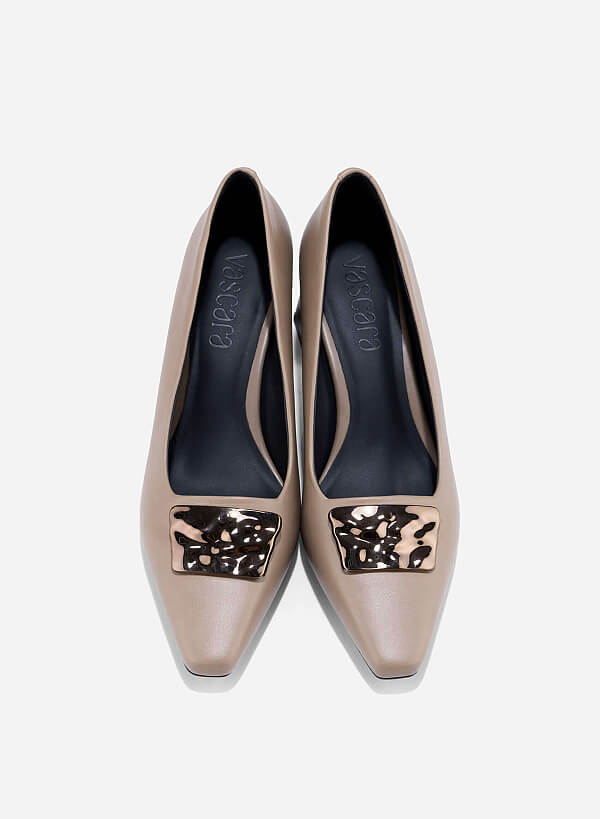 Décor Buckle Block Heel Pumps - HIG 0675 - Dark Beige - VASCARA