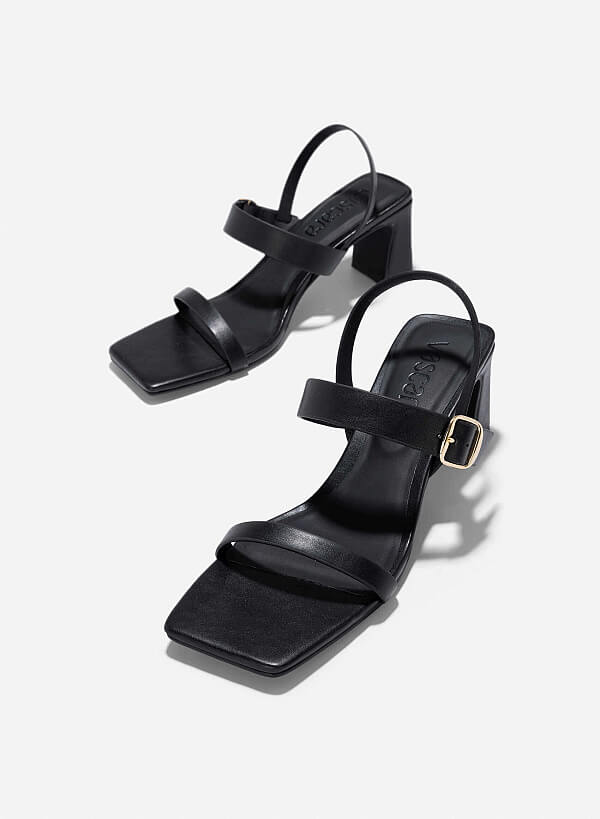 Décor Buckle Block Heeled Sandals - PUM 0795 - Black - VASCARA
