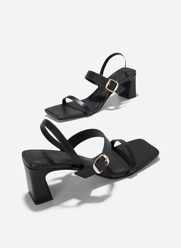 Décor Buckle Block Heeled Sandals - PUM 0795 - Black - VASCARA