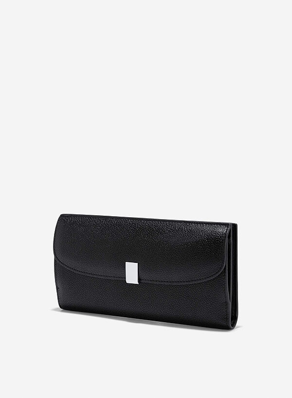 Metal Clasp Round Flap Handheld Wallet - WLL 0281 - Black - VASCARA