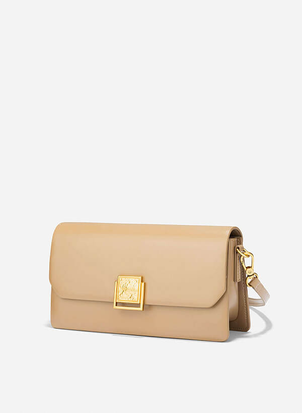 Metal Lock Leather Bag - MES 0246 - Beige - VASCARA