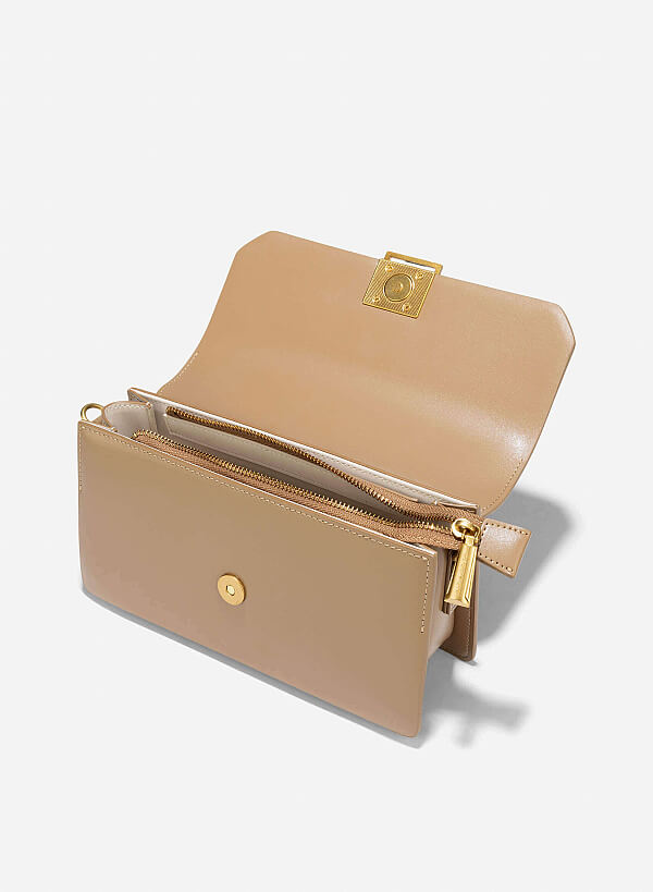 Metal Lock Leather Bag - MES 0246 - Beige - VASCARA