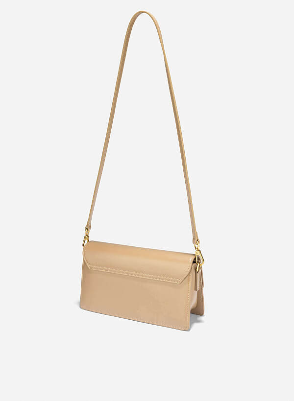Metal Lock Leather Bag - MES 0246 - Beige - VASCARA