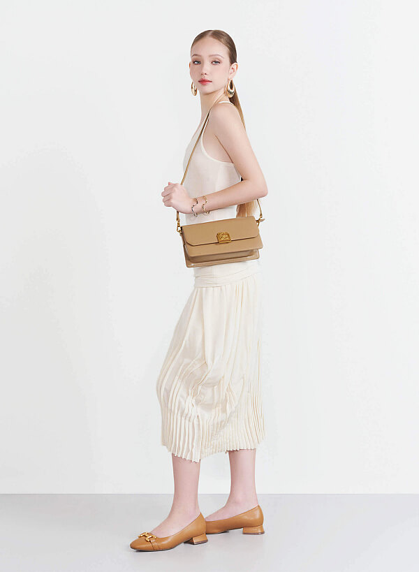 Metal Lock Leather Bag - MES 0246 - Beige - VASCARA