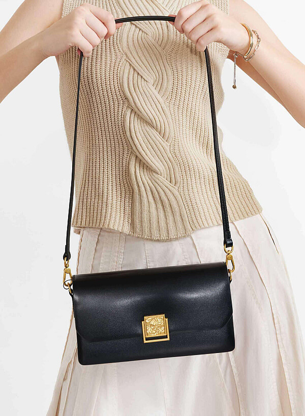 Metal Lock Leather Bag - MES 0246 - Black - VASCARA